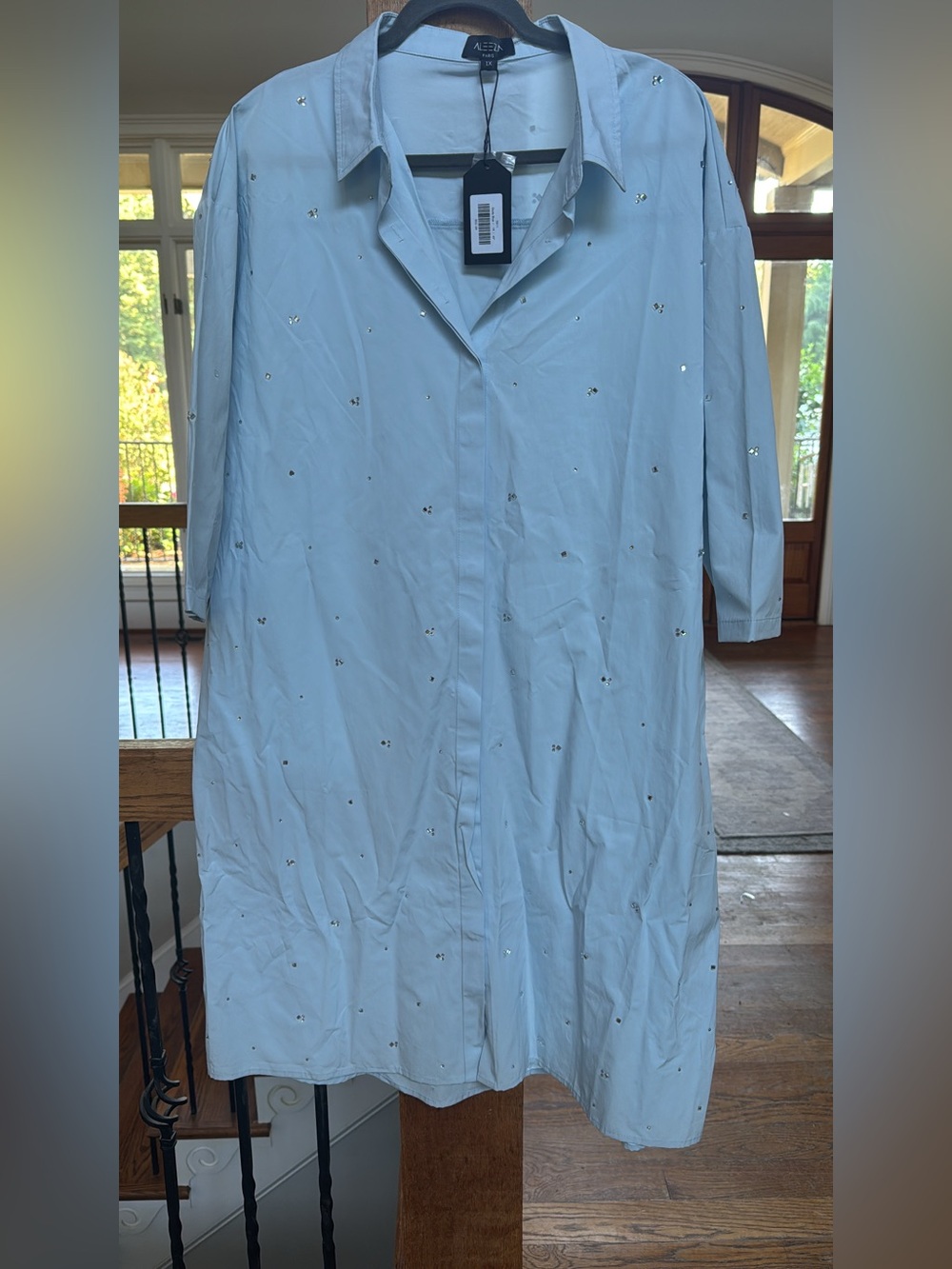 Aleeza Paris $298 Light Blue Midi Shirt Dress with Rhinestone Embellishments